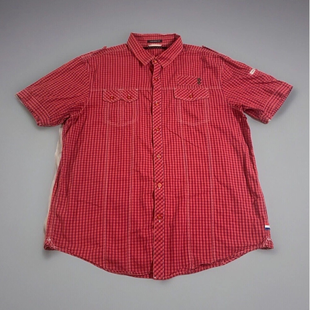 Sean John Button Down Shirt‎ Mens XXL Red Plaid Tailored Fit Cotton Short Sleeve